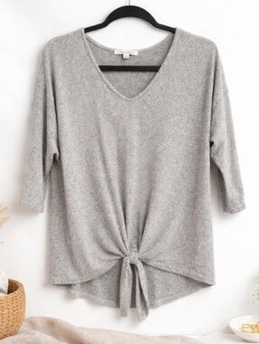 Green Envelope Womens Top Heather Gray Knit Knot Front Casual Minimalist Size M